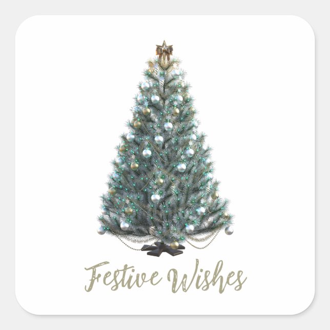 Festliche Grüße. Weihnachtsbaum-Design Quadratischer Aufkleber (Vorderseite)