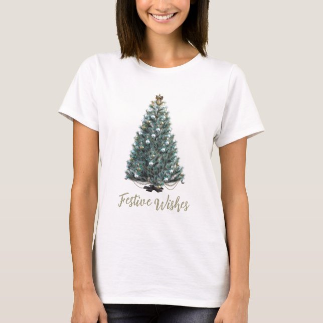 Festliche Grüße. Weihnachtsbaum-Design T-Shirt (Vorderseite)