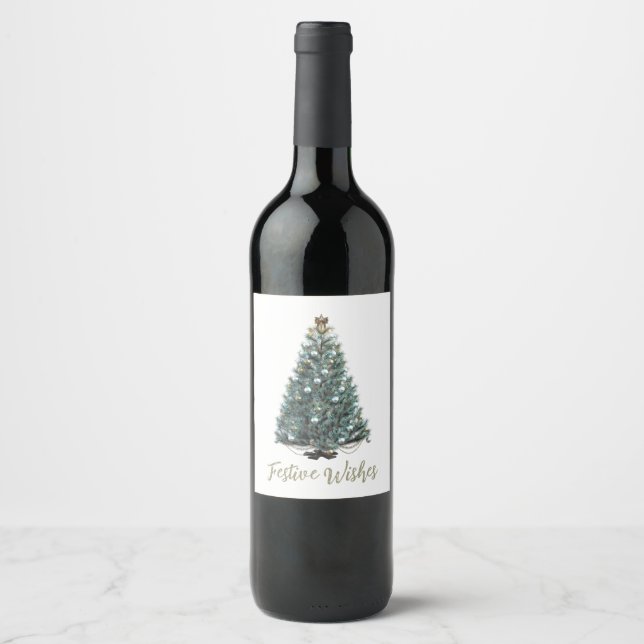 Festliche Grüße. Weihnachtsbaum-Design Weinetikett (Vorderseite)