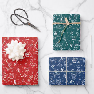 Festliche handgezeichnete Kritzeleien Weihnachtsmu Geschenkpapier Set
