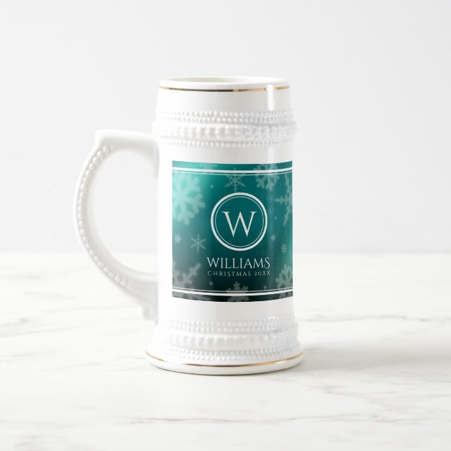 Festliche hellblaue Folie-Schneeflocken-Monogramm- Bierglas (Links)