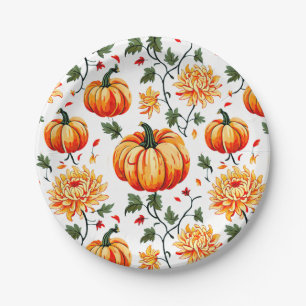 Festliche Herbstkürbisse und Chrysanthemen Pappteller