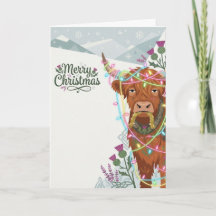 Festliche Highland-Cow-Schottland-Weihnachtskarte