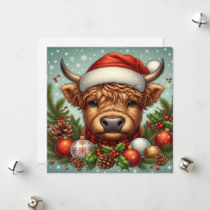 Festliche Highland-Kuh mit Weihnachtsmannmütze Feiertagskarte