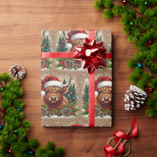 Festliche Highland-Kuh mit Weihnachtsmannmütze Geschenkpapier