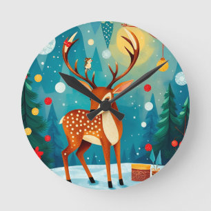 Festliche Hirsch in einem schneebedeckten Wald Runde Wanduhr