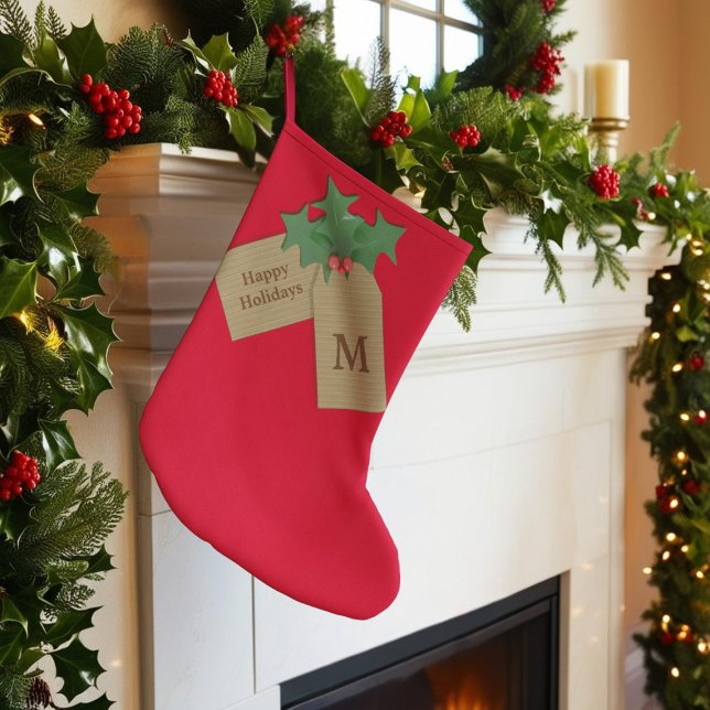 Festliche Holly Sprig Mit Monogramm Happy Holidays Großer Weihnachtsstrumpf (Happy Holidays! Just add your initial to this festive red Christmas Stocking)
