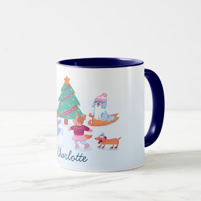 Festliche Hunde Ice Skaten Baby Blue Christmas Tasse (VorderseiteRechts)