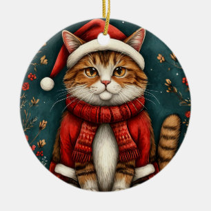Festliche Katze mit Weihnachtsmannmütze und Schal Keramik Ornament