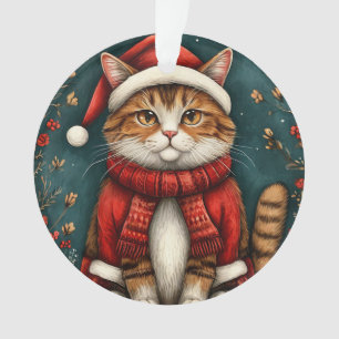 Festliche Katze mit Weihnachtsmannmütze und Schal Ornament