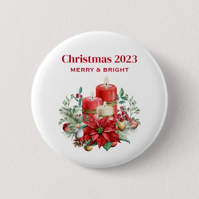 Festliche Kerzen und Poinsettia Bouquet Weihnachte Button (Vorderseite)