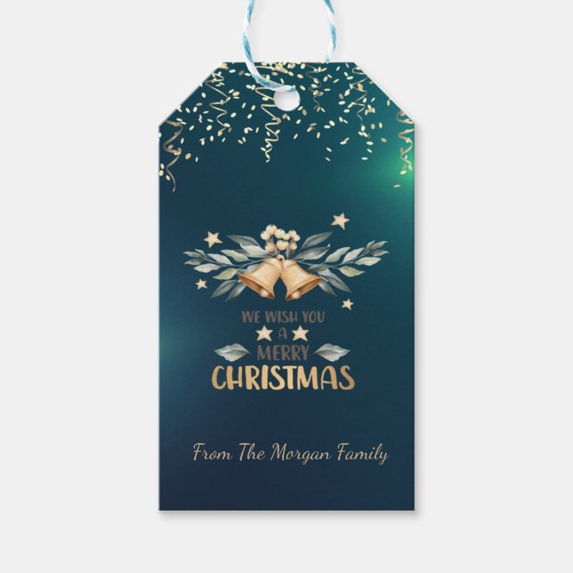 Festliche Konfetti, Weihnachtsglocken, grün Geschenkanhänger (Vorderseite)