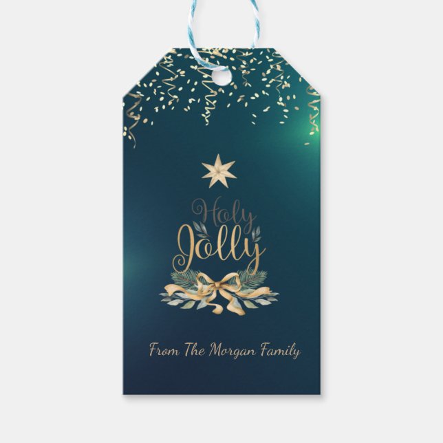 Festliche Konfetti, Weihnachtsglocken, Stern, Grün Geschenkanhänger (Vorderseite)