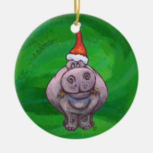 Festliche Köpfe und Schwänze Hippo auf Grün Keramikornament