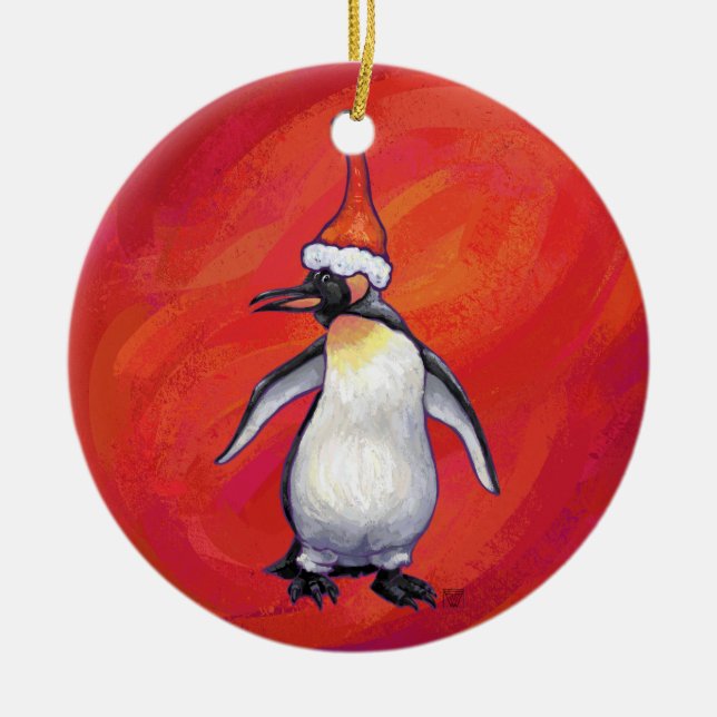Festliche Köpfe und Schwänze Pinguin Keramik Ornament (Vorne)