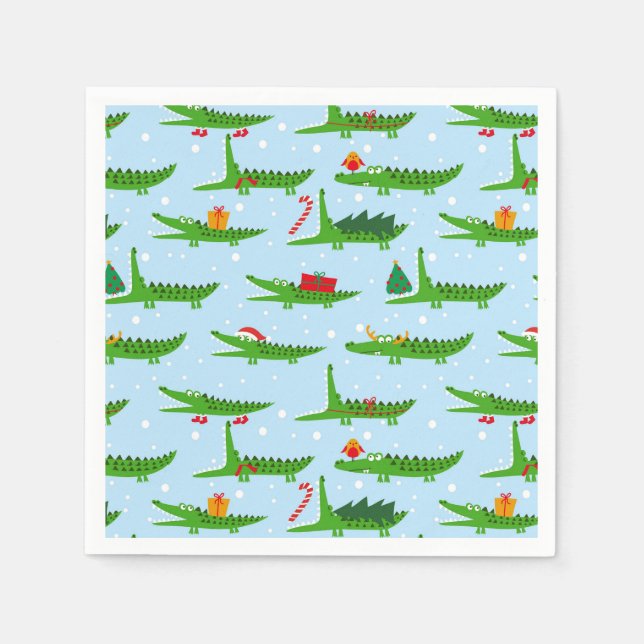 Festliche Krokodile in Weihnachtskostümmuster Serviette (Vorderseite)
