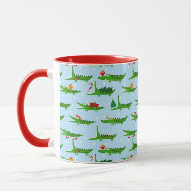 Festliche Krokodile in Weihnachtskostümmuster Tasse (Links)