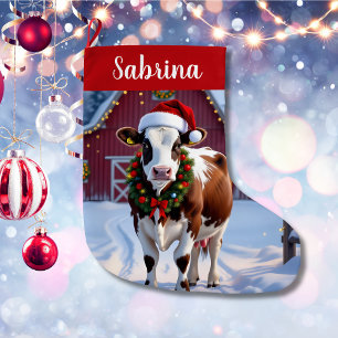 Festliche Kuh Land Weihnachten Personalisiert Großer Weihnachtsstrumpf