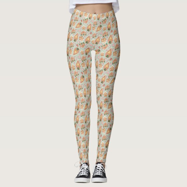 Festliche Lebkuchen Haus Muster Minze Weihnachten Leggings (Vorderseite)