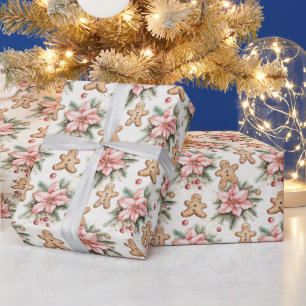 Festliche Lebkuchenmänner mit rosa Weihnachtsstern Geschenkpapier