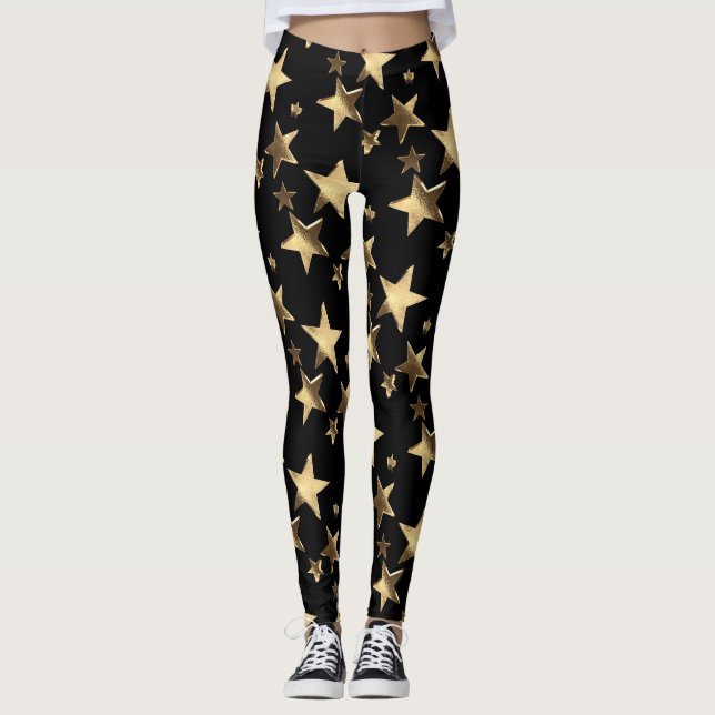 Festliche Leggings Schwarze Gold Weihnachtsstars (Vorderseite)