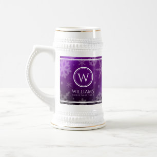 Festliche lila Folien-Schneeflocken-Monogramm-Name Bierglas