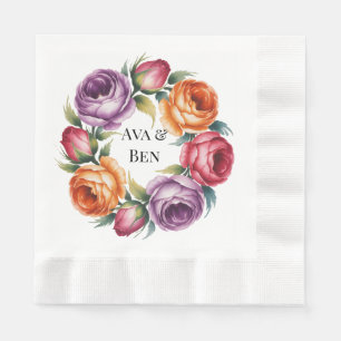 Festliche lila-orange und rote Rosen-Hochzeit Serviette