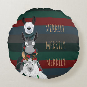 Festliche lustige "Merrily" Schaf Esel Lama gestre Rundes Kissen