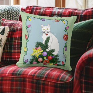 Festliche lustige Weihnachtsbaum lustige weiße Kat Kissen