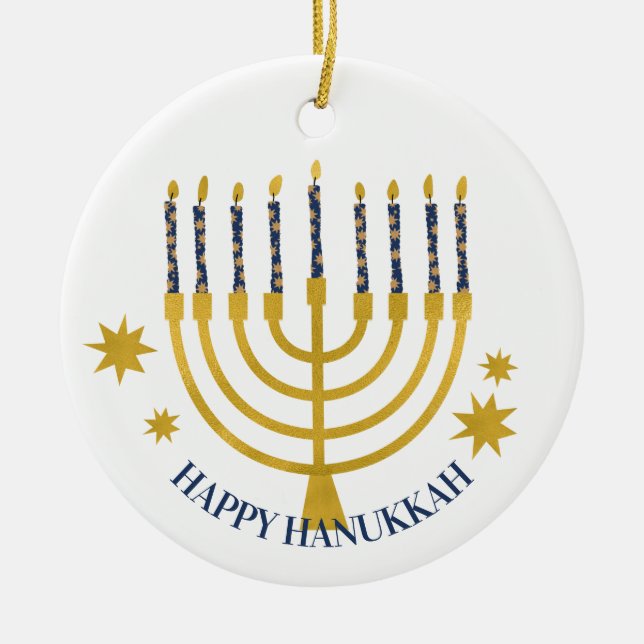 Festliche Menorah Candles Happy Hanukkah Keramik Ornament (Vorne)