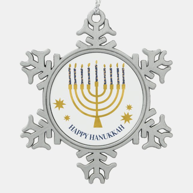 Festliche Menorah Candles Happy Hanukkah Schneeflocken Zinn-Ornament (Vorderseite)