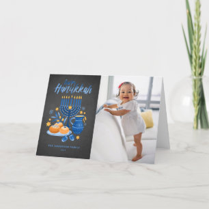 Festliche Menorah Chalkboard Foto Happy Hanukkah Feiertagskarte