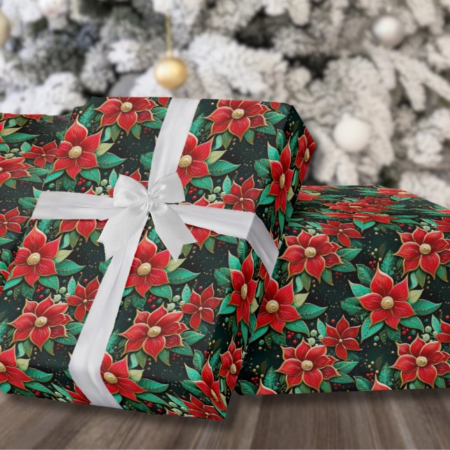 Festliche Muster Poinsettia Blume Weihnachten Geschenkpapier (Festive Pattern Poinsettia Flowers Christmas Wrapping Paper)