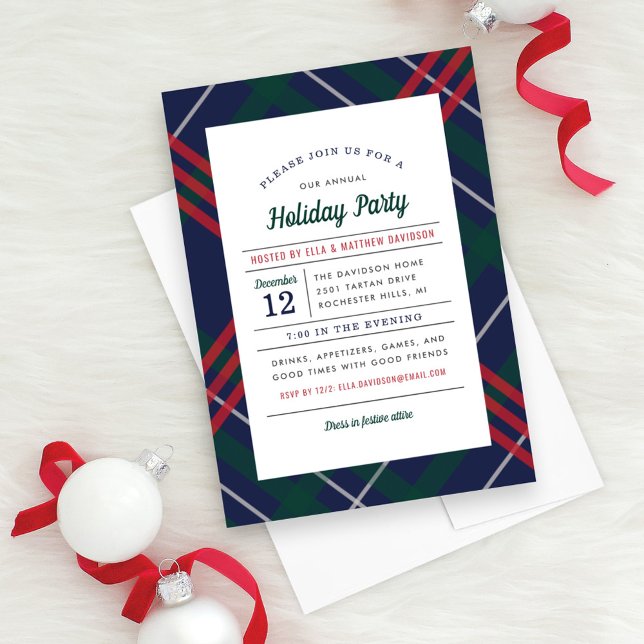 Festliche Navy Green Tartan Kariert Holiday Party Einladung (Von Creator hochgeladen)