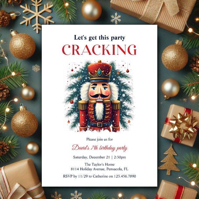 Festliche Nutcracker Cracking Geburtstagsparty Einladung (Festive Christmas Nutcracker Cracking Themed Birthday Party Invitation)