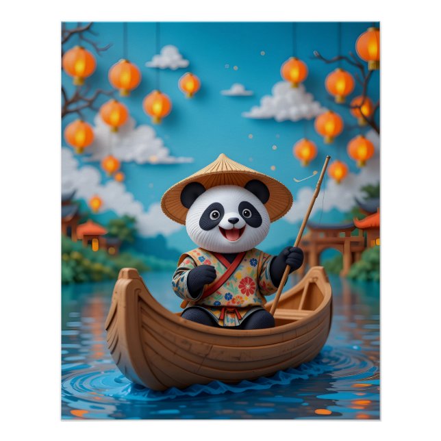 Festliche Panda Boat Scene Poster (Vorderseite)