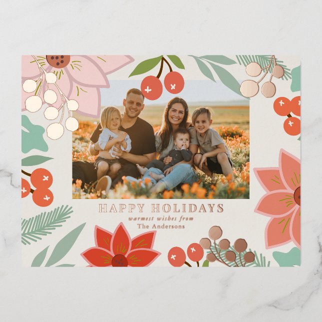 Festliche Poinsettia Berry Cream Foil Foto Folien Feiertagspostkarte (Vorderseite)