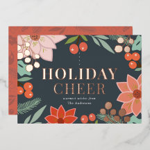 Festliche Poinsettia Berry Navy Foil Holiday Card
