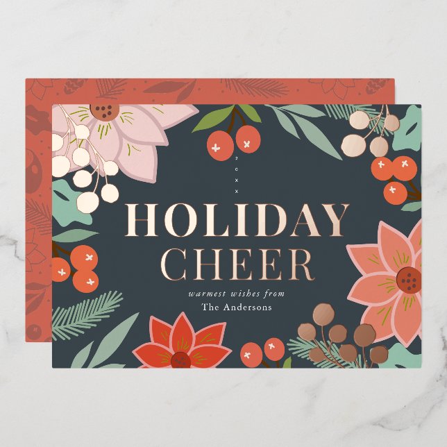 Festliche Poinsettia Berry Navy Foil Holiday Card Folieneinladung (Vorderseite/Rückseite)