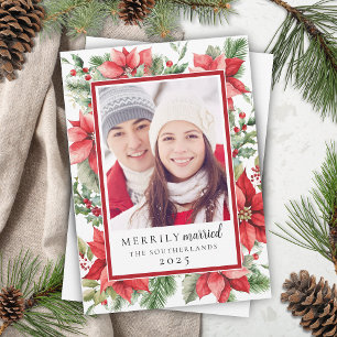 Festliche Poinsettia Floral Merrily Verheiratet Wi Feiertagskarte