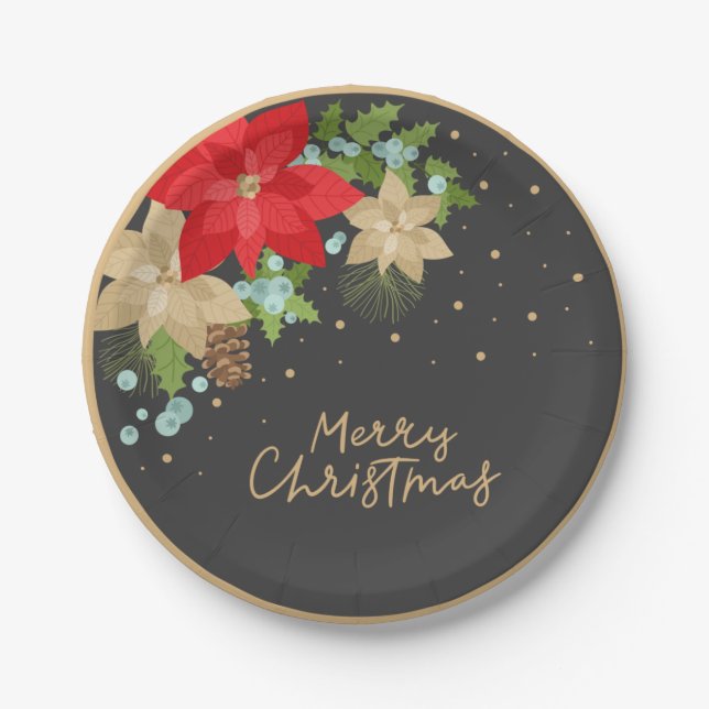 Festliche Poinsettia und Berries Weihnachtsfeierta Pappteller (Vorderseite)