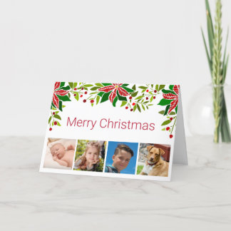 Festliche Poinsettia und Holly Vier Foto Feiertagskarte