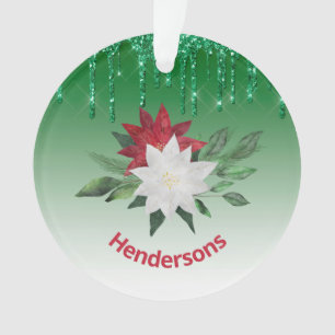 Festliche Poinsettias und Tropfen des grünen Glit Ornament