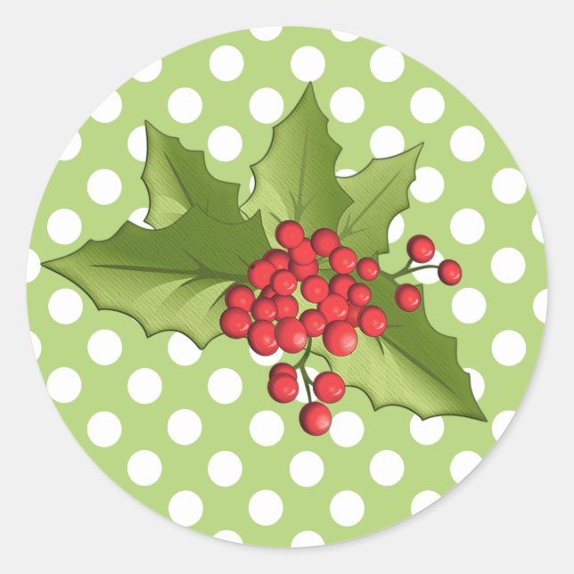 Festliche Polka Dots und Holly Weihnachtskleber Runder Aufkleber (Vorderseite)