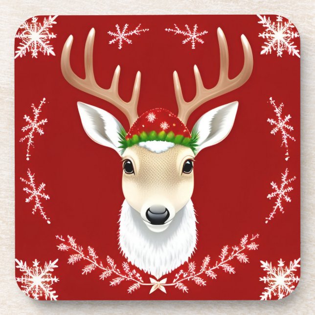 Festliche Reindeer-Illustration mit rotem Hintergr Getränkeuntersetzer (Vorderseite)