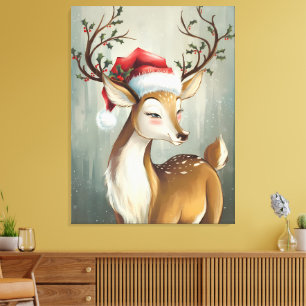 Festliche Rentiere mit Holly und Weihnachtsmannmüt Leinwanddruck