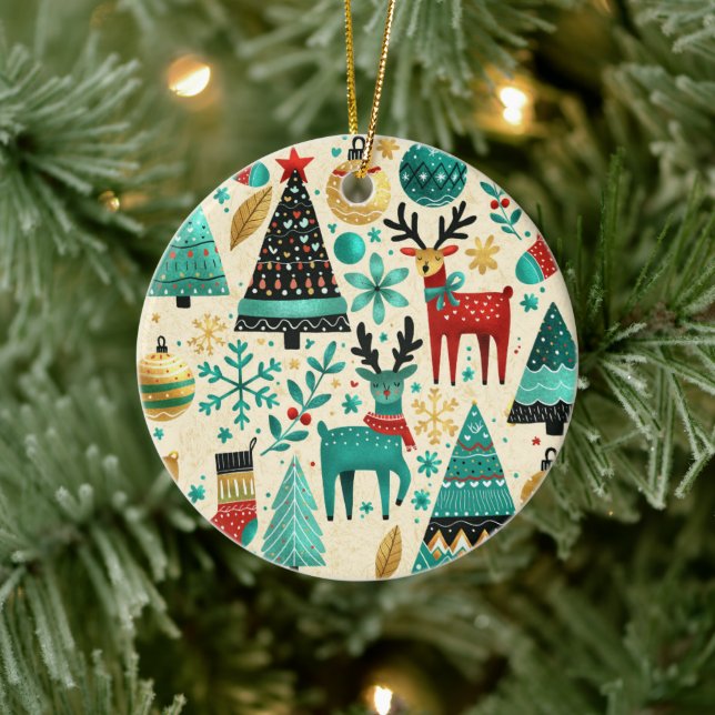 Festliche Rentiere und Weihnachtsbäume Keramik Ornament (Baum)