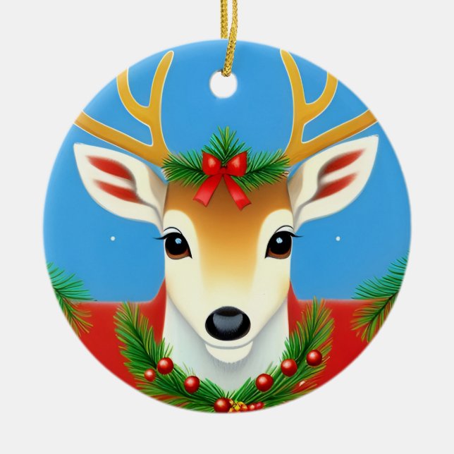 Festliche Rentierfeier mit Festspielhaus Keramik Ornament (Vorne)