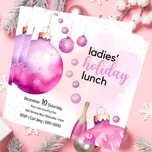Festliche rosa Ornamente Damen Weihnachten Brunch Einladung (Ladies Holiday lunch in pink for your festive brunch gatherings.  Invite is fully customizable. )