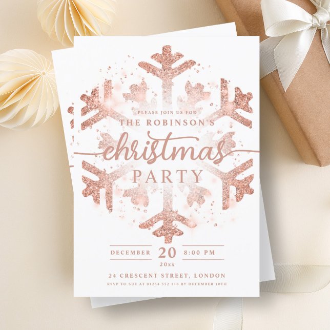 Festliche Rose Goldene Winterschneeflocke Weihnach Einladung (Festive Rose Gold Winter Snowflake Christmas Invitation)